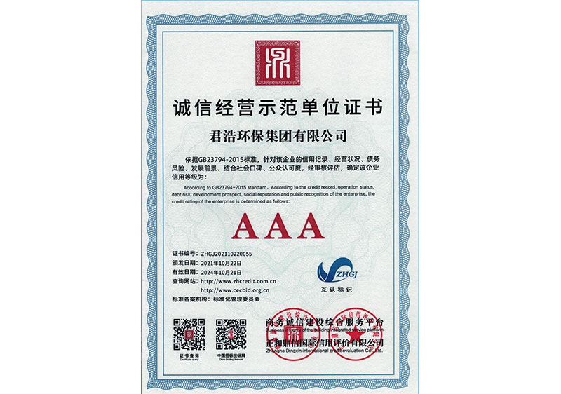 诚信经营示范单位证书